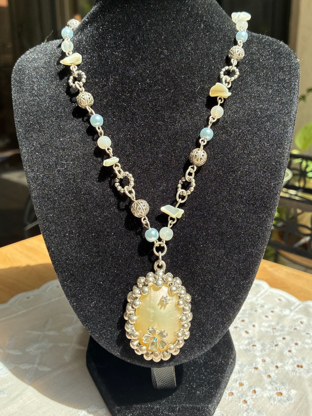 Plunder Design Estella Necklace Silver Vintage Style Pearl Oval Flower Pendant